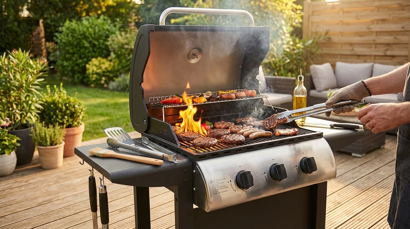 Barbecue au gaz hawaï - 3 brûleurs 8,4kw en cours d'utilisation - Démonstration pratique
