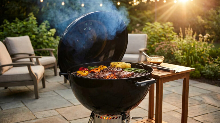 Barbecue à charbon Weber E5710 fumant sur une terrasse au coucher du soleil, grillant steaks et légumes. Chaises et nature en arrière-plan.
