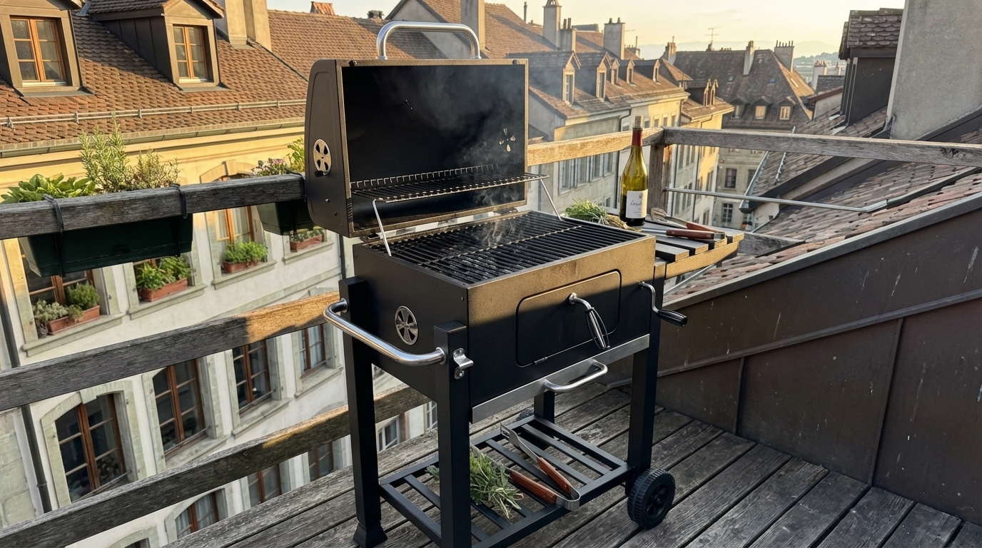 Photo du Wiltec Chariot Barbecue à Charbon avec ses espaces de rangement et roues