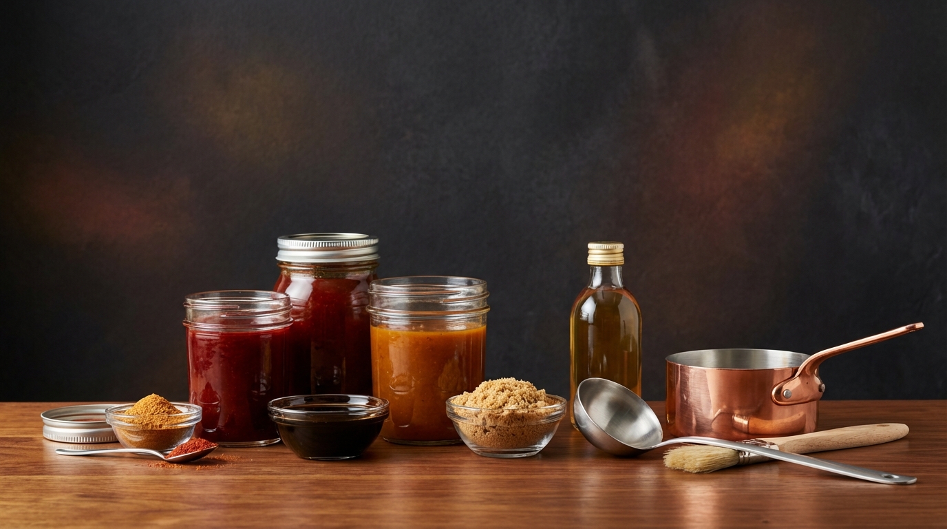 Vue d'ensemble de quatre bols contenant les différents styles de sauces barbecue américaines : rouge épaisse Kansas City, brune texane, jaune moutarde Carolina et blanche Alabama, avec des côtes de porc grillées en arrière-plan