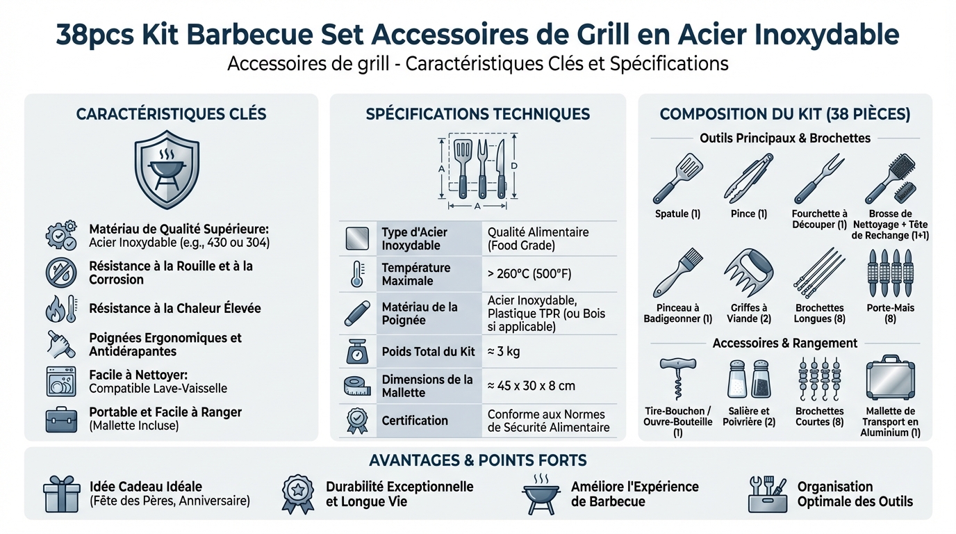 Infographie caractéristiques techniques 38pcs Kit Barbecue Set Accessoires de Grill en Acier Inoxydable - Accessoires de grill