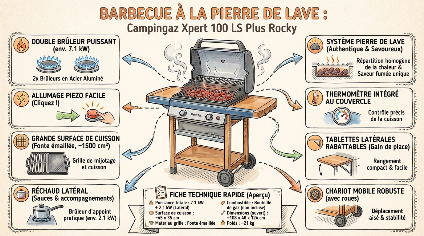 Infographie caractéristiques techniques Campingaz Xpert 100 LS Plus Rocky - Barbecue à la Pierre de Lave