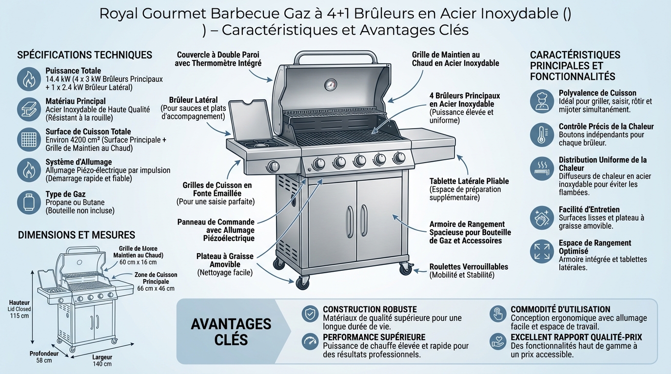 Infographie caractéristiques techniques Royal Gourmet Barbecue Gaz à 4+1 Brûleurs en Acier Inoxydable - 