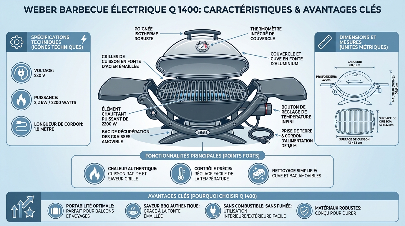 Infographie caractéristiques techniques Weber Barbecue électrique Q 1400 - barbecue électrique, barbecue portable