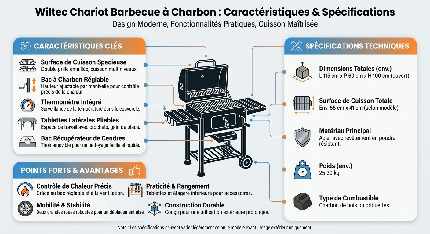 Infographie caractéristiques techniques Wiltec Chariot Barbecue à Charbon - Barbecue à charbon